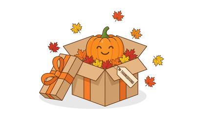 Fototapeta premium Autumn Thanksgiving gift box illustration with pumpkin and falling maple leaves