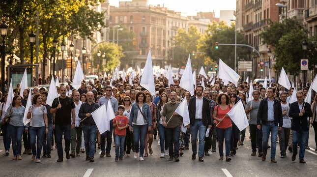 Large group of people marching with white flags on a city street.
