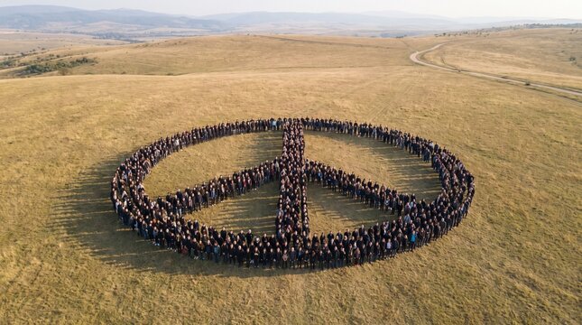 Large group of people forming a peace sign in a field.
