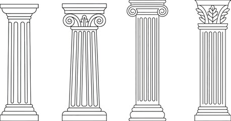 Obraz premium Ancient Greek column icons, classical Roman architectural pillars with historic ornamental details, isolated on white background, minimalist vector illustration, design concept.
