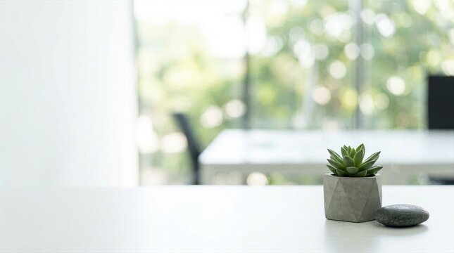 Minimalist workspace desk featuring small green succulent plant in geometric concrete pot and smooth stone against bright blurred office window background for modern interior decor