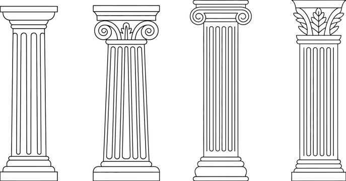 Ancient Greek column icons, classical Roman architectural pillars with historic ornamental details, isolated on white background, minimalist vector illustration, design concept.