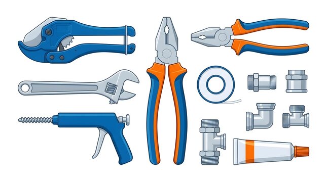 Collection of plumbing tools and metal pipe fittings on white background
