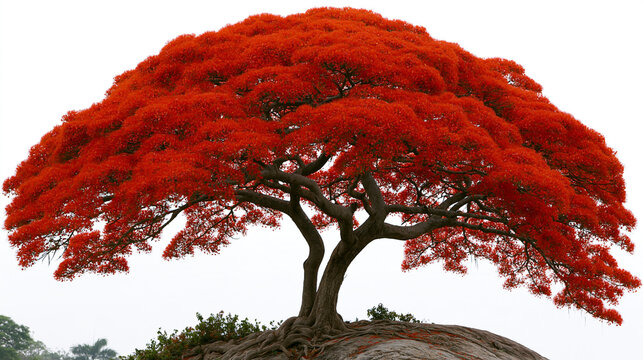 Blooming flamboyant tree with red flowers on a rocky landscape
