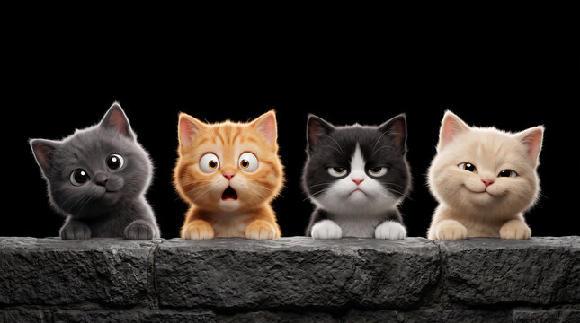Four cute cartoon kittens with funny expressions looking over a stone wall against a black background including a curious gray shocked orange grumpy tuxedo and happy cream cat for pet care banner desi