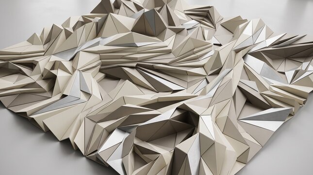 Geometric paper sculpture with beige and silver metallic triangles for modern wall art design.