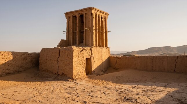 Ancient windcatcher tower in desert landscape, traditional Middle Eastern architecture.