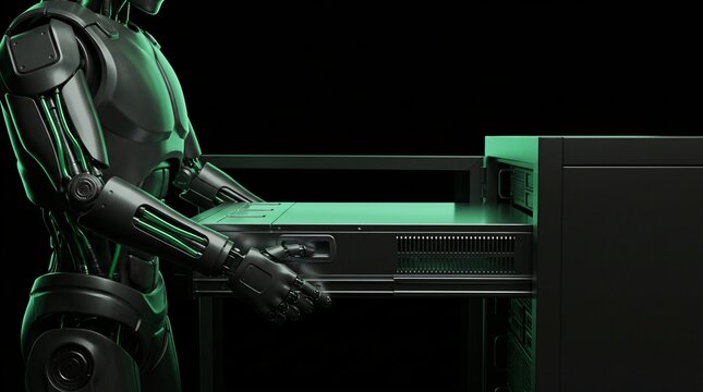 Dark humanoid robot pulling modular blade server from rack chassis on solid black background with rim lighting representing cloud computing data center maintenance and hardware uptime concept