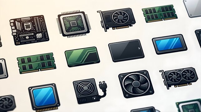 Computer hardware vector icons set featuring processors boards and memory chips