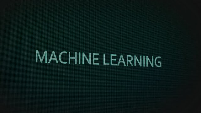 Machine Learning word text typing animation on a computer screen in After Effects. Motion graphics highlight AI, algorithms, and modern digital technology concepts.