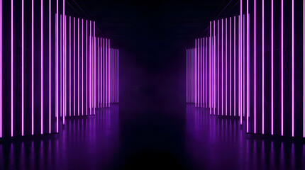 Fototapeta premium Abstract dark tunnel illuminated by vertical glowing purple neon light pillars