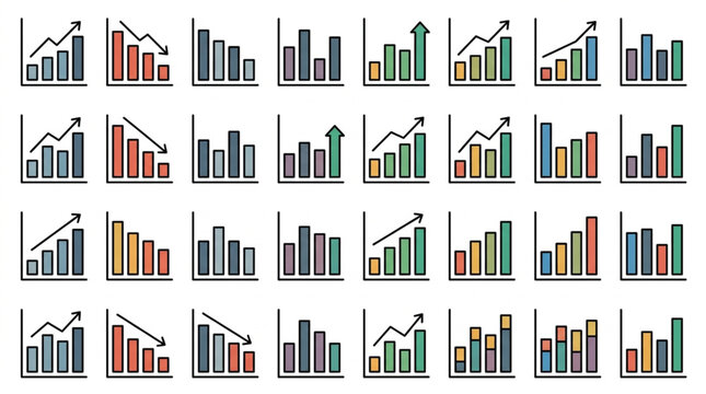 Corporate Financial Performance Comparison Charts Showing Trends with Line and Bar Graphs in Green Red and Blue Colors