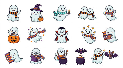 Obraz premium Corporate Halloween Themed Ghost Characters Set with Colorful Accessories and Props for Marketing Branding and Design Projects