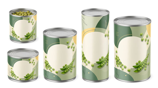 Set of five various sized metal cans for green peas with blank label templates isolated on white for packaging design, food branding, and product marketing.