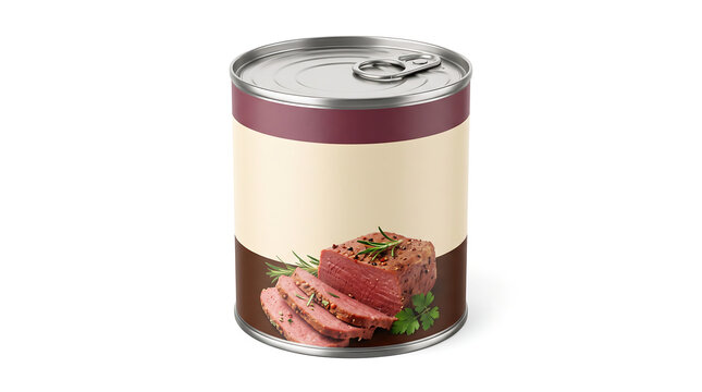 Metal food tin with a blank label and cooked meat illustration for branding mockups, grocery store advertisements, and food packaging design projects.
