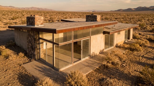 Modern desert house with stone chimneys in arid landscape at sunset