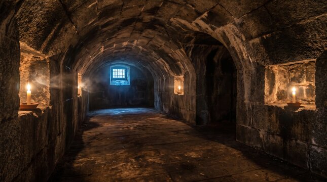 Empty stone vault with arched ceiling and glowing candles in a dark underground cellar