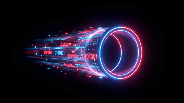 High-speed binary data transfer through a glowing neon ring in a futuristic digital tunnel