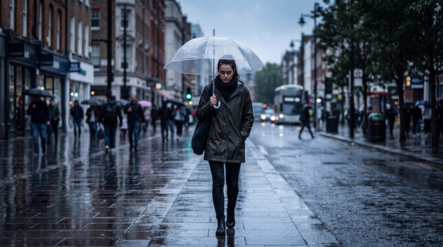 Lonely woman walking in the rain in the city