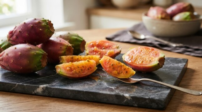Fresh prickly pear cactus fruits on a marble board