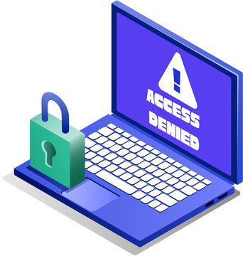Isometric Cybersecurity and Data Protection Illustration. Isometric Digital Security and Online Protection Illustration. Isometric Access Denied Warning for Cybersecurity Protection   