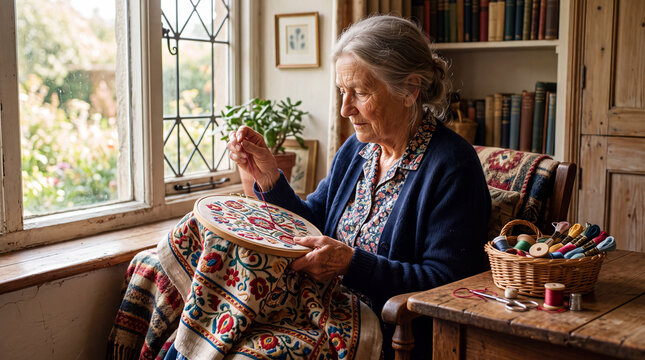 Elderly woman embroidering textile by the window