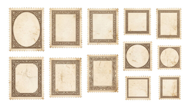 Set of blank vintage postage stamps with perforated edges layout