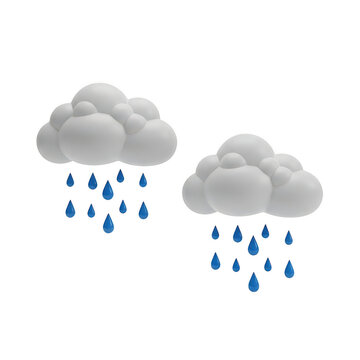 Two 3d rain clouds with falling blue raindrops isolated on white background isolated on transparent background