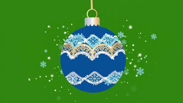 Blue and gold decorative Christmas bauble ornament hanging with falling snowflakes on green background. Perfect for holiday video projects, seasonal greeting cards or background design.