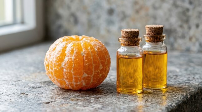 Two small glass bottles with orange essential oil and a peeled mandarin orange on a textured stone surface
