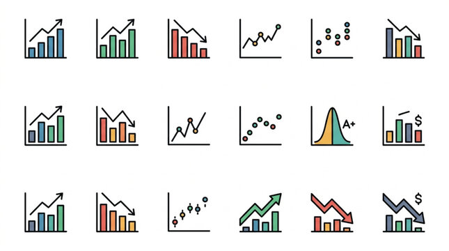 Creative Set of 18 Colorful Business and Financial Chart Icons Showing Trends Growth Scatter Plots and Dollar Signs