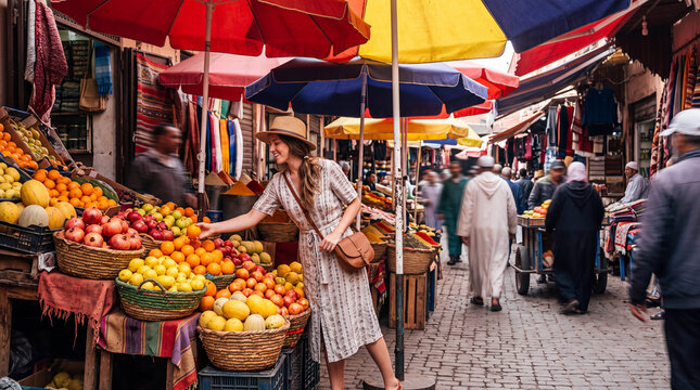 Traveler browsing a colorful street market