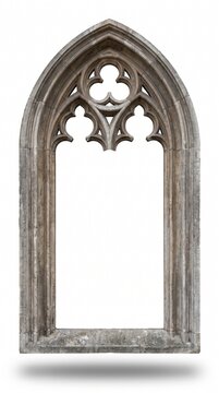 Gothic stone window frame with pointed arch and trefoil tracery isolated on white background. Medieval cathedral architectural element for design. Ancient grey limestone window border for