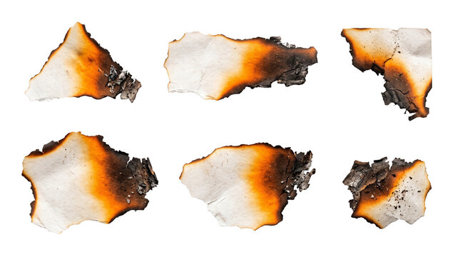 Burnt paper edge fragments and singed parchment scraps collection