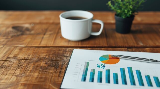 An office workspace scene featuring a detailed financial analysis document with bar and pie charts a pen for review a hot beverage and a small green plant on a rustic wooden table surface