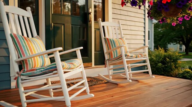 Two classic white wooden rocking chairs with colorful striped cushions on a cozy front porch of a suburban home