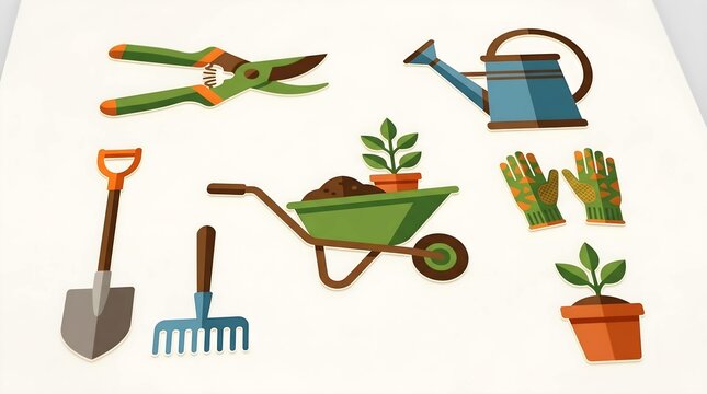 Flat vector collection of colorful gardening tools and equipment on white background