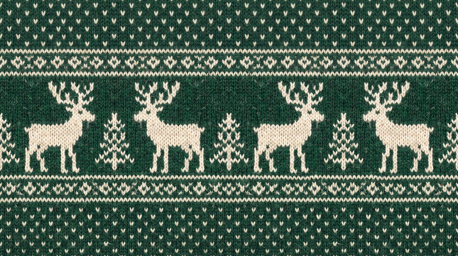 Christmas sweater knitted pattern background with reindeer and pine trees
