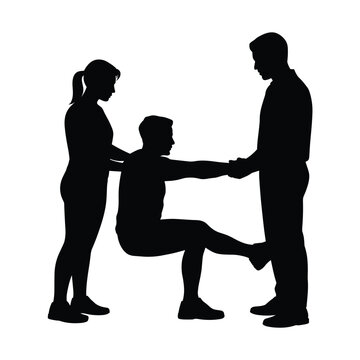 Silhouette man performing physical therapy single leg squat assisted by two fitness trainers