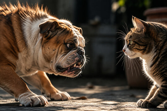 A bulldog and a cat locked in a tense stare, with raised hackles and bared teeth.