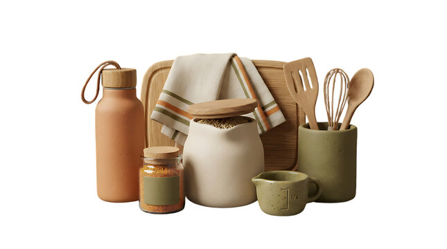 Kitchen utensils and cooking tools set in neutral colors with cooking equipment