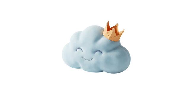 Cute blue smiling cloud ornament wearing a golden crown with cute character