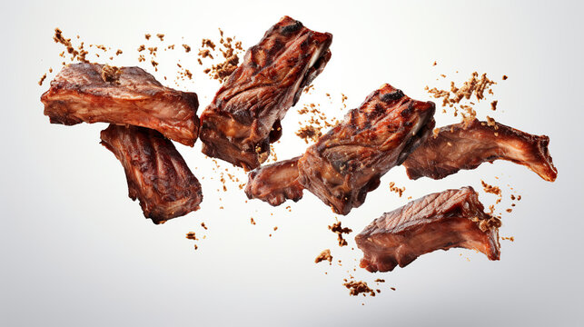 Cooked ribs flying in the air, spices. Delicious barbeque meat, restaurant quality food, rustic..
