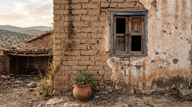 Weathered adobe brick wall with rustic wooden window and clay pot in rural courtyard