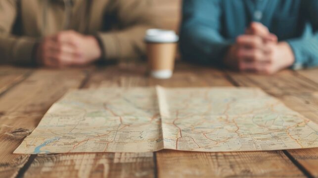 Two individuals their faces out of focus intently examining a detailed map spread across a weathered wooden surface with a coffee cup nearby suggesting travel planning or a shared discussion