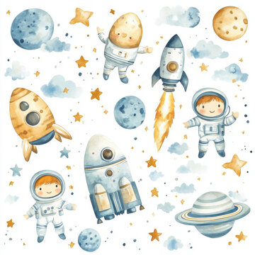 Space for children. Kids and cosmos exploration. Adventures, planets, stars