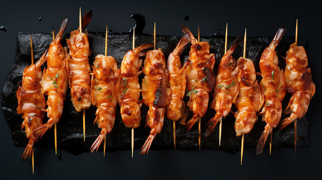 grilled shrimp skewer with sauce on black stone plate, appetizing seafood meal. Healthy organic food close-up.