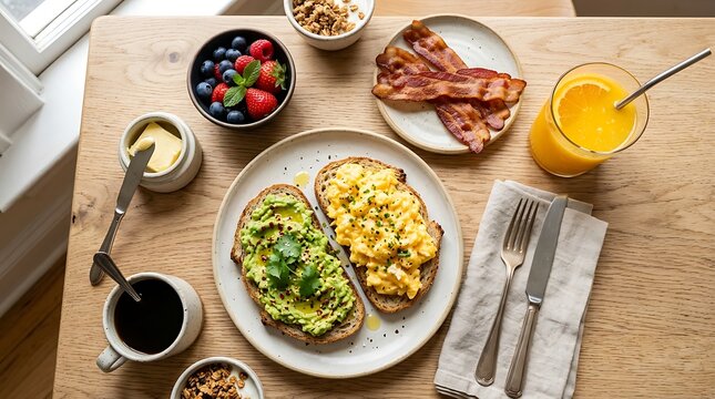 Delicious hearty breakfast spread top view with avocado toast scrambled eggs crispy bacon fresh berries orange juice and hot coffee on wood table.
