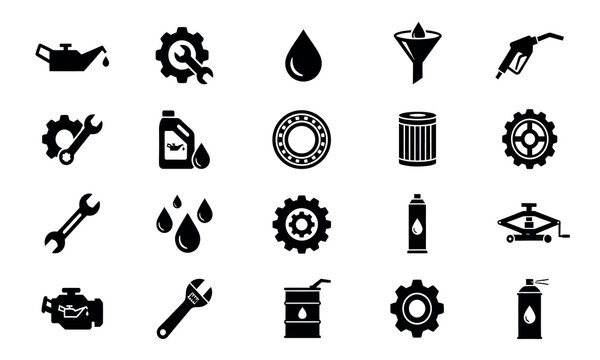 Automotive maintenance icons depict various tools and fluids against a stark white background vehicle repair engine gear cog wrench spanner
