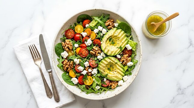 Fresh green salad bowl with avocado slices, cherry tomatoes, walnuts, and feta cheese on white marble tabletop for healthy eating concepts.